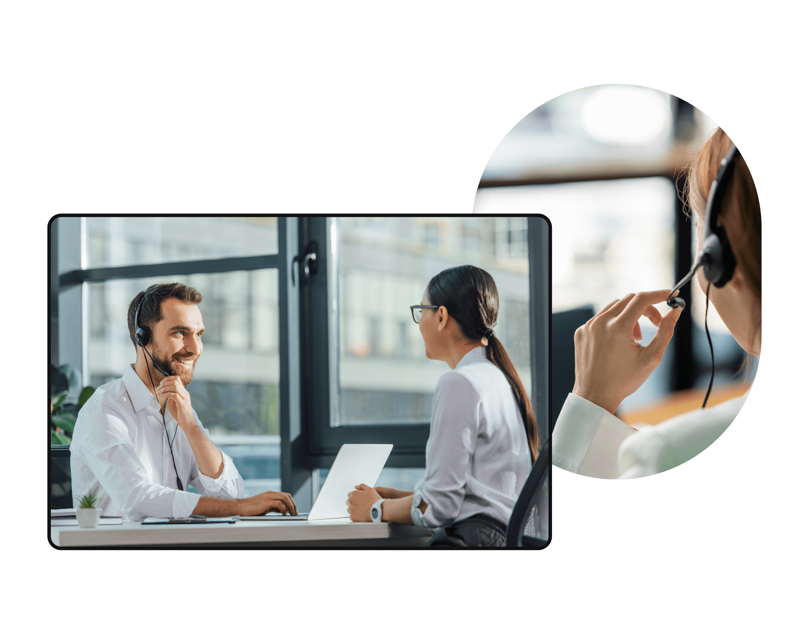 Montage with photographs of people talking to sales